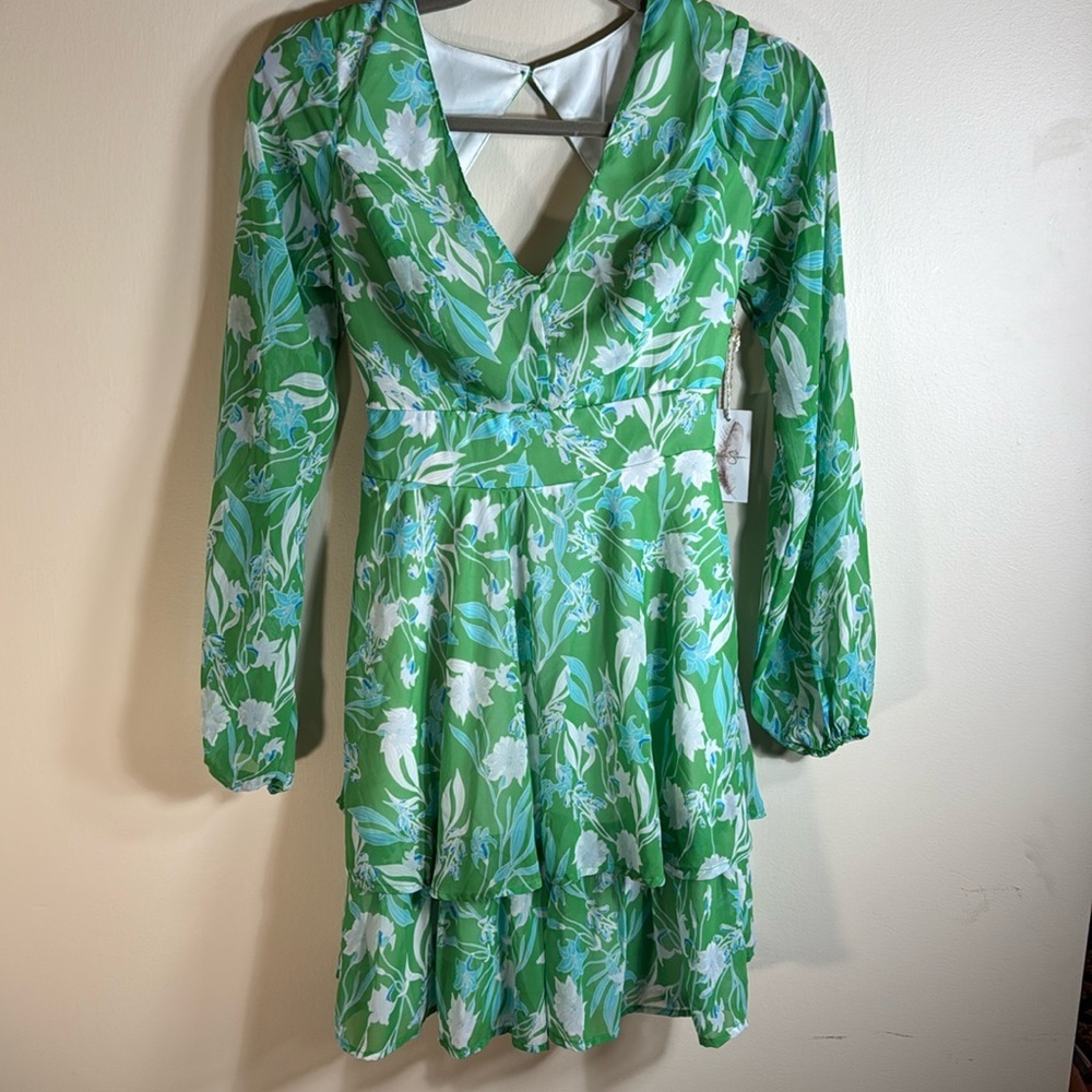 NWT Jessica Simpson, flowy , green blue and white smocked, mini dress size xs